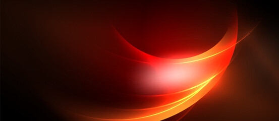 Abstract red design features flowing curves, bright highlights, dark background. Dynamic composition evokes energy, motion, warmth.