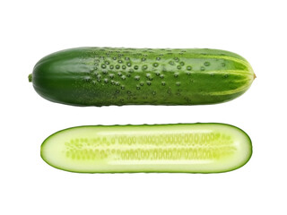 Isolated fresh green cucumber and a cross-section of cucumber, vibrant and healthy
