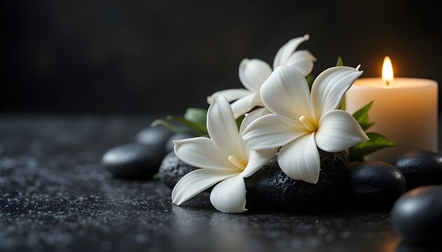  Luxury spa concept, fresh white tiare (Tahiti gardenia) flowers arranged beside smooth black basalt stones, softly glowing candle, warm ambient lighting, zen and relaxation atmosphere, dark minimalis