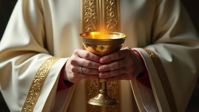 Priest's hands holding a glowing golden chalice. Holy communion and Eucharist ceremony in a church. Christian faith and worship concept