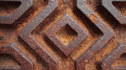 Close-up of a rusted metal surface with geometric patterns and diamond shapes, revealing texture and aging