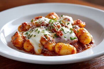 A delicious plate of Italian gnocchi alla sorrentina, perfectly baked potato dumplings in tomato sauce, topped with melted mozzarella cheese for a comforting dish.