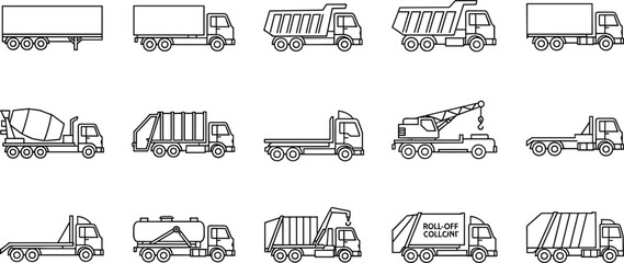 Commercial truck line icon set featuring cargo trucks, dump trucks, garbage vehicles, cranes, tankers, and construction transport equipment © Mst