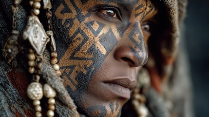 Young dark skinned warrior woman with geometric tribal face paint and beads looking forward against dark blurred background Concept of ethnic identity and inner strength