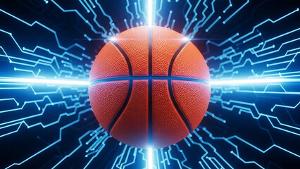 Orange basketball with glowing blue circuit board lines and light beams image