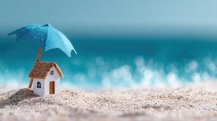 Miniature beach house blue umbrella on sunny sandy shore