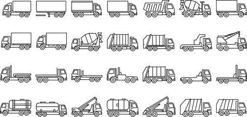 Heavy duty truck line icon set featuring cargo, dump, tanker, concrete, crane, garbage, and commercial transportation vehicles © Mst