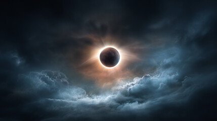 Obraz premium A celestial event of a solar eclipse piercing through the clouds in the darkening sky. The sun is encircled by a radiant halo, framed by the dark silhouette of the moon