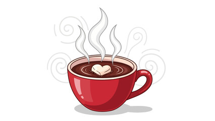 Charming red mug filled with hot chocolate, topped with a heart shaped marshmallow, emitting steam and swirls against a white background, vector illustration