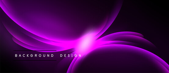 Abstract purple design. Smooth curves create dynamic flow, radiating light from central point. Dark background enhances vibrant colors.