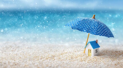 Miniature house umbrella on sandy beach summer