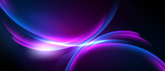 Abstract flowing shapes, vibrant purple, blue hues. Light radiates from center, creating dynamic visual effect. Dark background enhances luminosity.