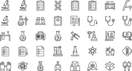 Medical laboratory and healthcare line icon set featuring microscopes, DNA, diagnostics, test tubes, stethoscopes, research tools, and clinical symbols © Mst