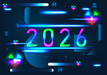 Vibrant New Year 2026 illustration is glowing neon light, colorful geometric shapes, and modern forms, designed as bold vector background celebrating a futuristic holiday mood.