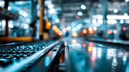 Industrial interior with conveyor belt in sharp focus, blurred background featuring bokeh lights, creating depth