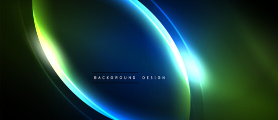 Abstract design features flowing lines, vibrant gradients. Dark background emphasizes bright curves, creating dynamic visual effect. Modern, sleek presentation.