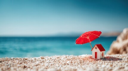 Miniature house on sandy beach with red umbrella