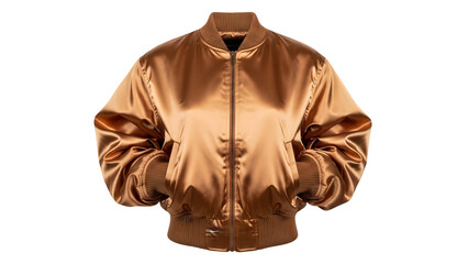 Copper satin bomber jacket with zipper closure isolated on transparent background