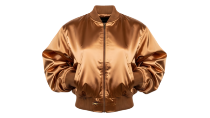 Copper satin bomber jacket with zipper closure isolated on transparent background