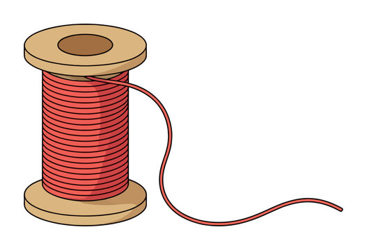 Spool of red thread with loose strand isolated white background string yarn