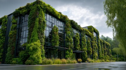 Modern architecture blends with nature, walls covered in lush greenery. Glass windows reflect cloudy sky. A sustainable office