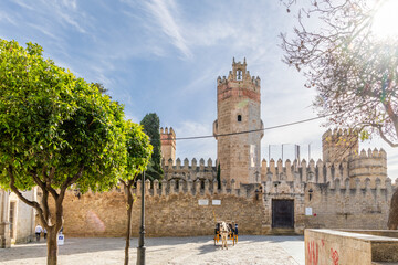 Puerto de Santa Maria, Spain - April 17, 2025: Details of the buildings in the historic city center with the streets decorated for the Holy Week processions in Puerto, Spain © josevgluis