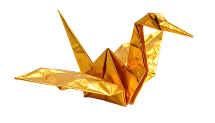 Shiny Golden Origami Crane Isolated On Transparent Background Traditional Japanese Art Symbol Of Peace And Longevity Paper Folding Craft