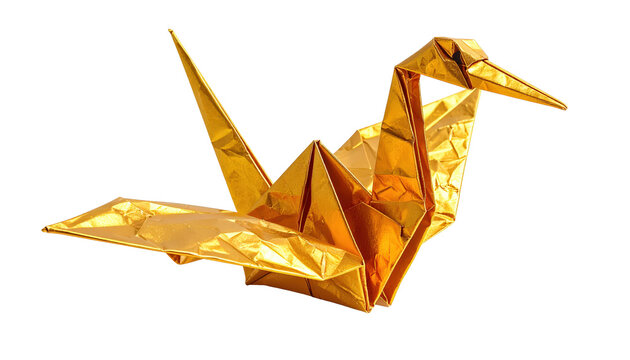 Shiny Golden Origami Crane Isolated On Transparent Background Traditional Japanese Art Symbol Of Peace And Longevity Paper Folding Craft