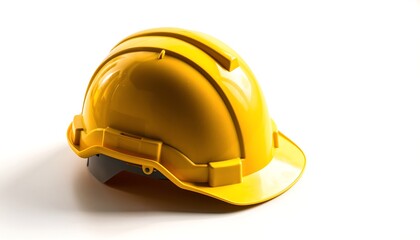 Fototapeta premium Bright yellow construction hard hat with matte texture and soft shadows, isolated on a clean white background, realistic safety equipment for industrial, engineering, and workplace protection concepts