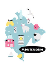 Montenegro Illustrated Map with National Symbols. Cute Travel Vector Illustration for Prints and Posters