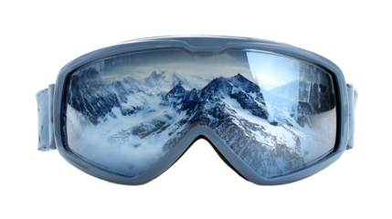 Snowy mountain landscape reflected in ski goggles