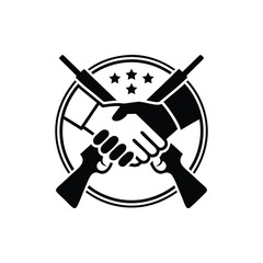 Military cooperation logo design symbolizing peace agreement or truce between armed forces represented by handshake and rifles