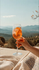 Hand holding glass of orange cocktail with ice against scenic mountain view