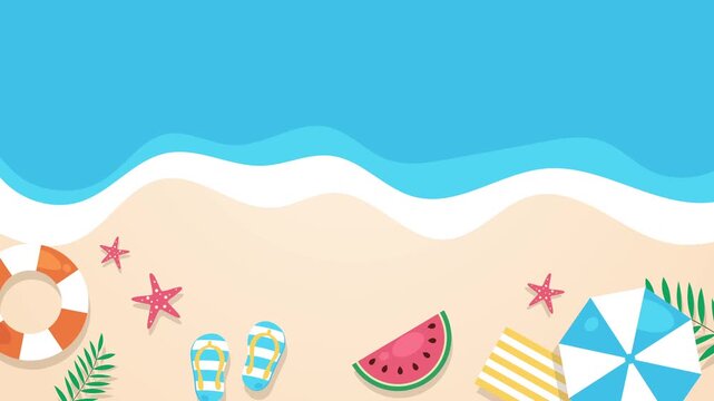 Minimal flat summer beach animation with ocean waves, sandy shore, and tropical elements, perfect for holiday promos, travel ads, social media content, and seasonal branding.