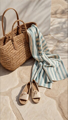 Straw woven bag with striped scarf and sandals in sunlit mediterranean setting