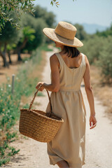 Woman walking with straw basket and hat on sunlit mediterranean country path