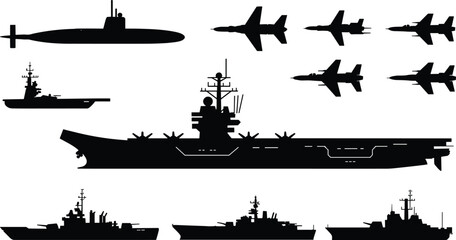 Modern naval military silhouettes featuring aircraft carrier, fighter jets, submarine and warships, powerful maritime defense illustration for security, warfare, strategy concepts © Hello World