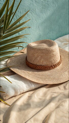 Straw summer hat on soft linen fabric with palm leaves in mediterranean light