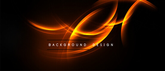 Abstract orange lines create dynamic energy. Dark background emphasizes glowing curves, forming modern design element. Simple text below adds context.