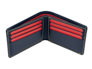 Isolated blue leather billfold wallet with yellow stitching and red interior pockets close up