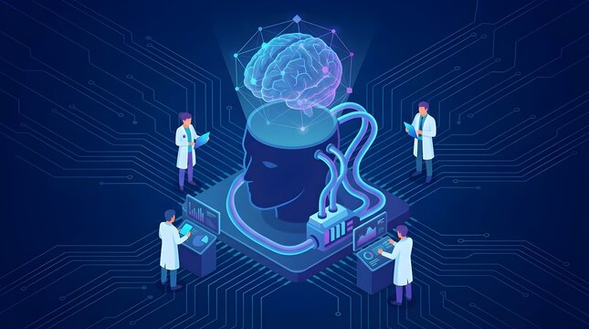 Isometric scene of researchers at consoles around a cybernetic head with cables and a holographic brain, illustrating brain-computer interface, neural networks, and advanced medical data analysis.