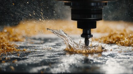 CNC milling machine in action with water cooling
