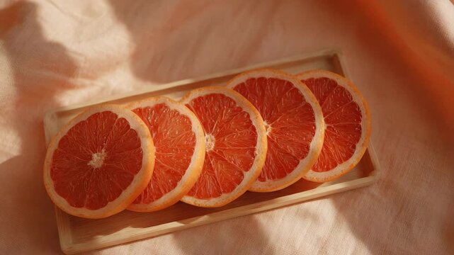 Fresh grapefruit slices arranged on a ceramic plate showcasing vibrant citrus fruit for healthy eating and summer refreshment soft light and pastel background