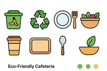 Eco-friendly cafeteria flat icon set. Sustainable dining, green utensils illustrations.