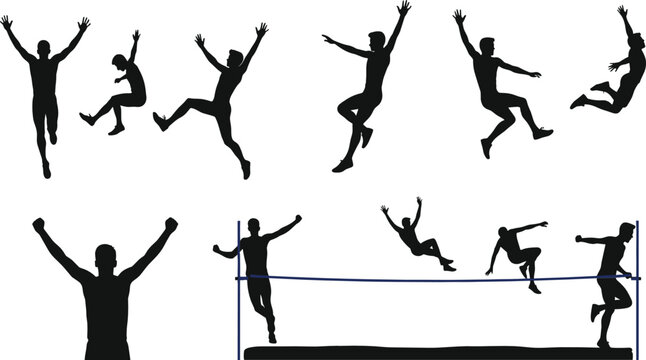 Jumping athlete silhouette collection with celebration and high jump action poses flat vector illustration isolated on white background for sports and fitness design