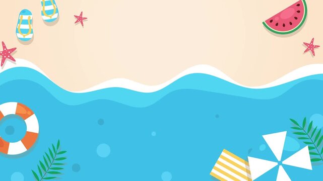 Minimal flat summer beach animation with ocean waves, sandy shore, and tropical elements, perfect for holiday promos, travel ads, social media content, and seasonal branding.