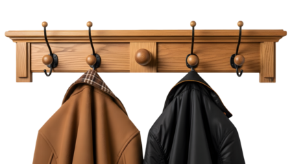 Wooden coat rack with black hooks and two coats hanging isolated on transparent background