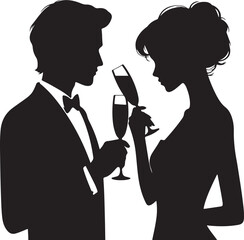 Silhouette of an elegant couple clinking champagne glasses, celebrating an occasion or enjoying a romantic moment.
