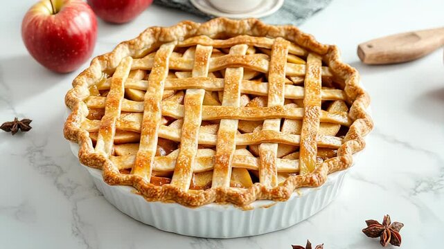 Apple pie rotating on marble surface