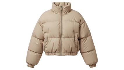 A tan puffer jacket with a zipper and pockets isolated on transparent background